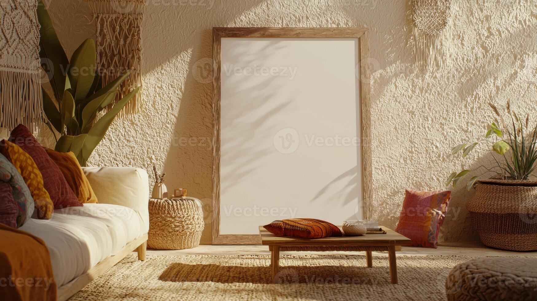 Cozy bohemian living room with a large blank canvas in natural light. photo