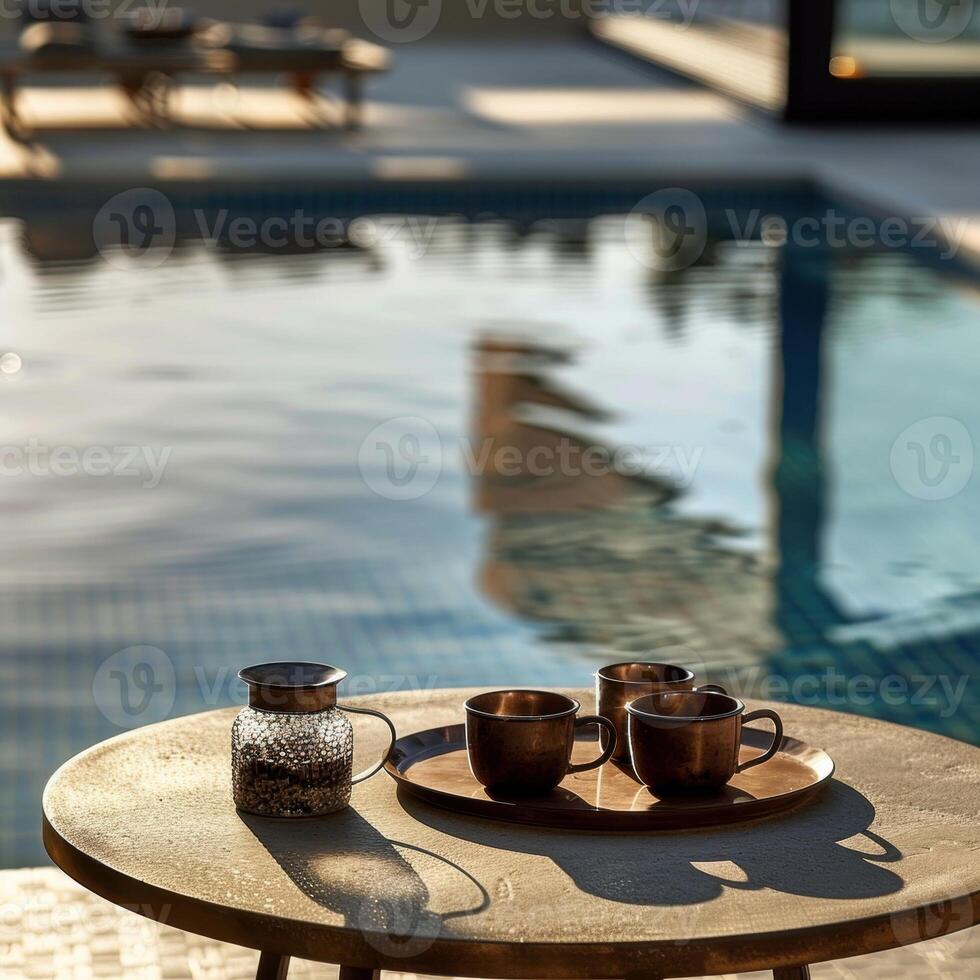 Warm sunlight illuminates a serene poolside coffee setup with copper mugs and a candle jar. photo