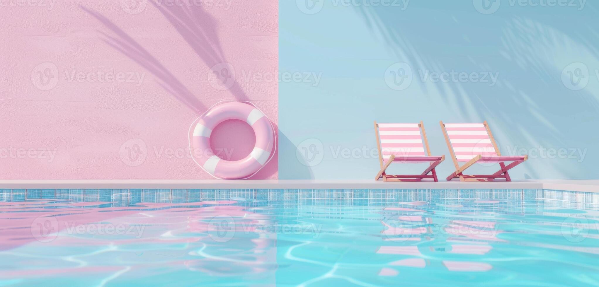 Pastel poolside scene with two striped deck chairs and a life ring under a sunny sky. photo