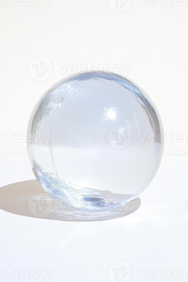 Minimalistic clear glass sphere casting a shadow on a white surface. photo