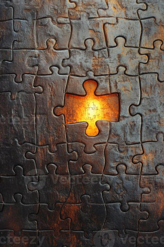 A missing puzzle piece reveals a warm light shining through, symbolizing discovery and completion. photo