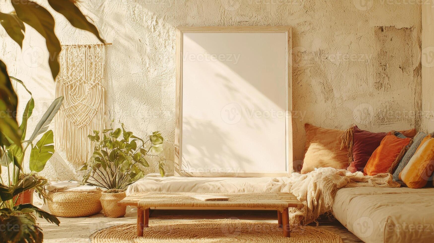 Cozy bohemian living room with a minimalist design and sunlit atmosphere. photo