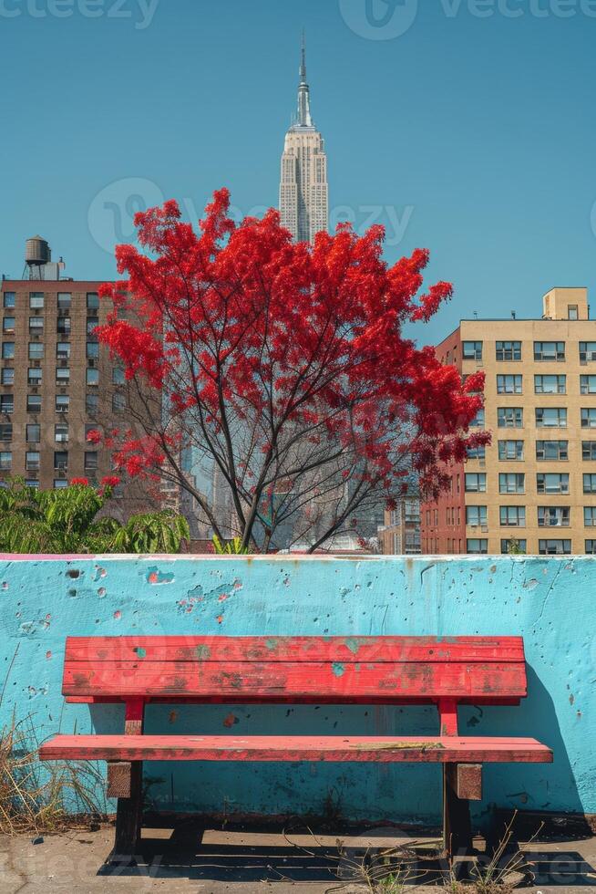 Vibrant red tree and empty bench in front of urban skyline under a clear blue sky. photo