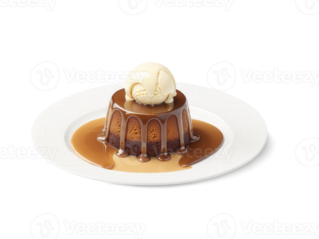 Sticky Toffee Pudding, moist date sponge cake drenched in toffee sauce, served with vanilla ice cream, British comfort dessert, rich png