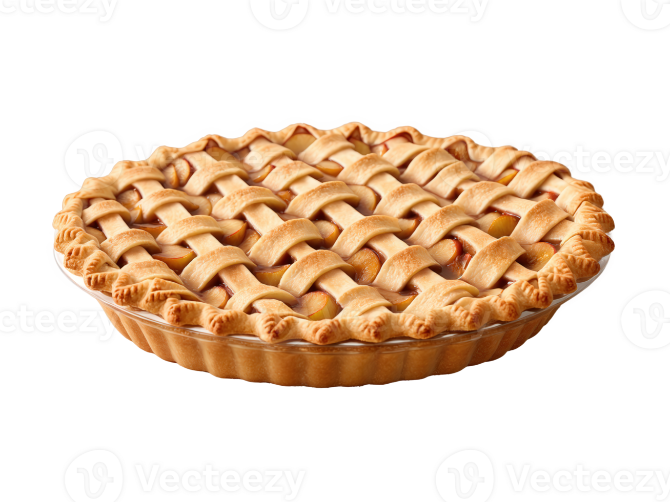 Apple Pie, lattice crust with cinnamon dust cloud, floating apple slices, golden caramel drizzle in motion, commercial food shot, transparent png