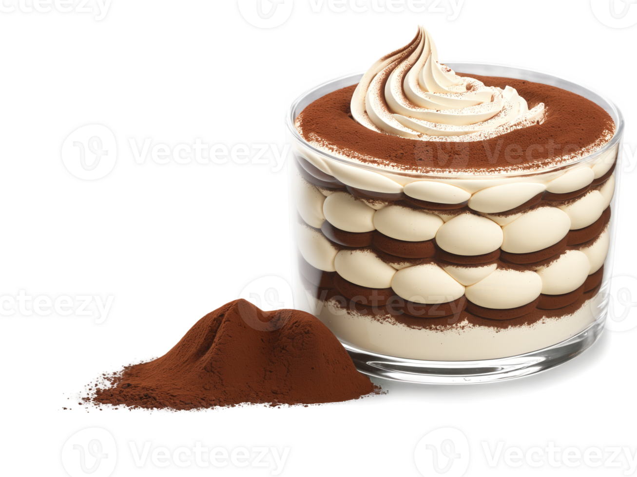 Tiramisu Lush layers of creamy mascarpone and espresso-soaked ladyfingers cascading in a swirl, dusted with cocoa powder and suspended in png