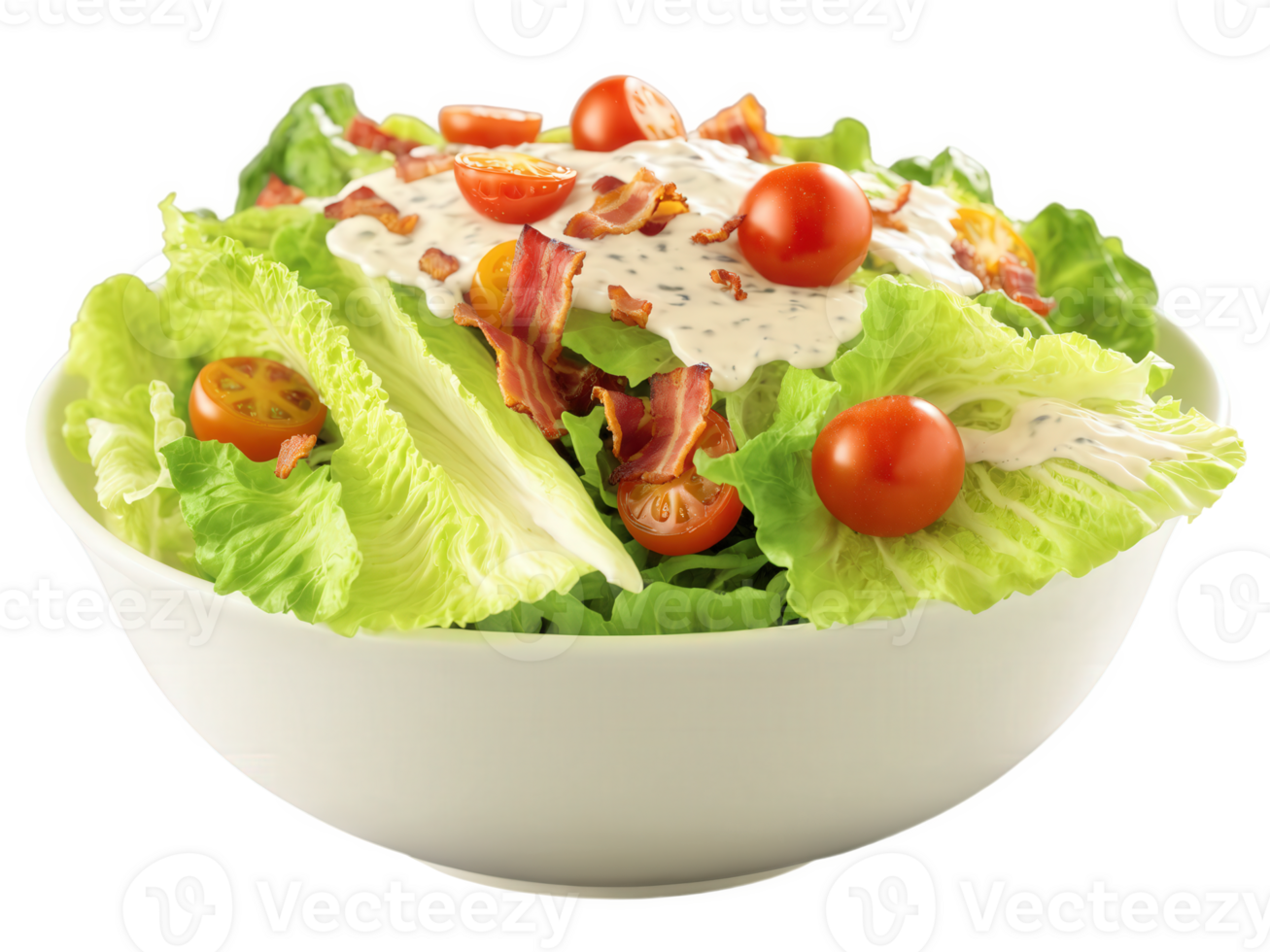 BLT Salad Crisp romaine lettuce tossed with cherry tomatoes, crispy bacon bits, croutons, and a tangy ranch dressing. png