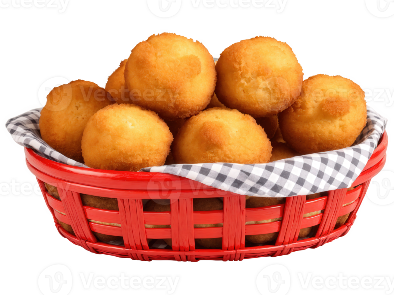 Hush puppies, crispy golden brown fried cornbread balls, in red basket with gingham liner, isolated on transparent background png