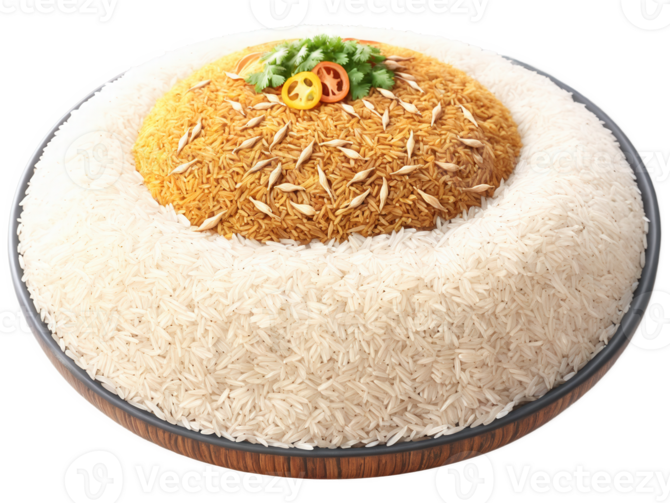 Kabsa, Saudi Arabian rice dish with meat and spices, colorful ingredients levitating over mound of long grain rice png
