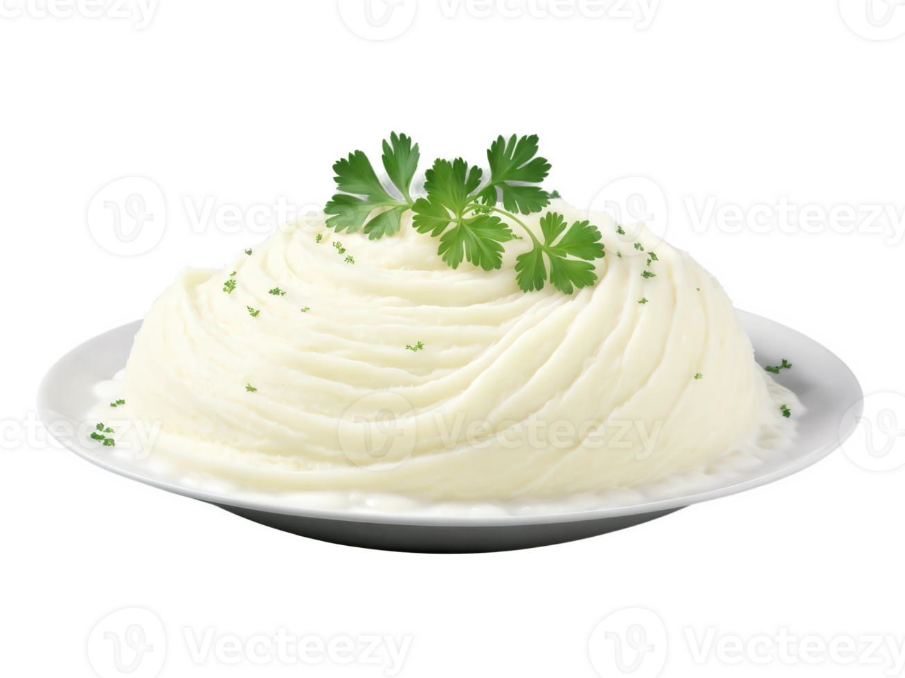Mashed Potatoes Creamy, whipped mashed potatoes swirled into a soft peak on a transparent background, with a pool of melted png