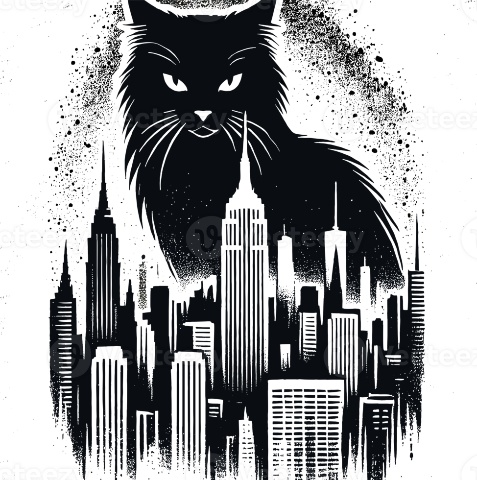 A cat is sitting in front of a city skyline png