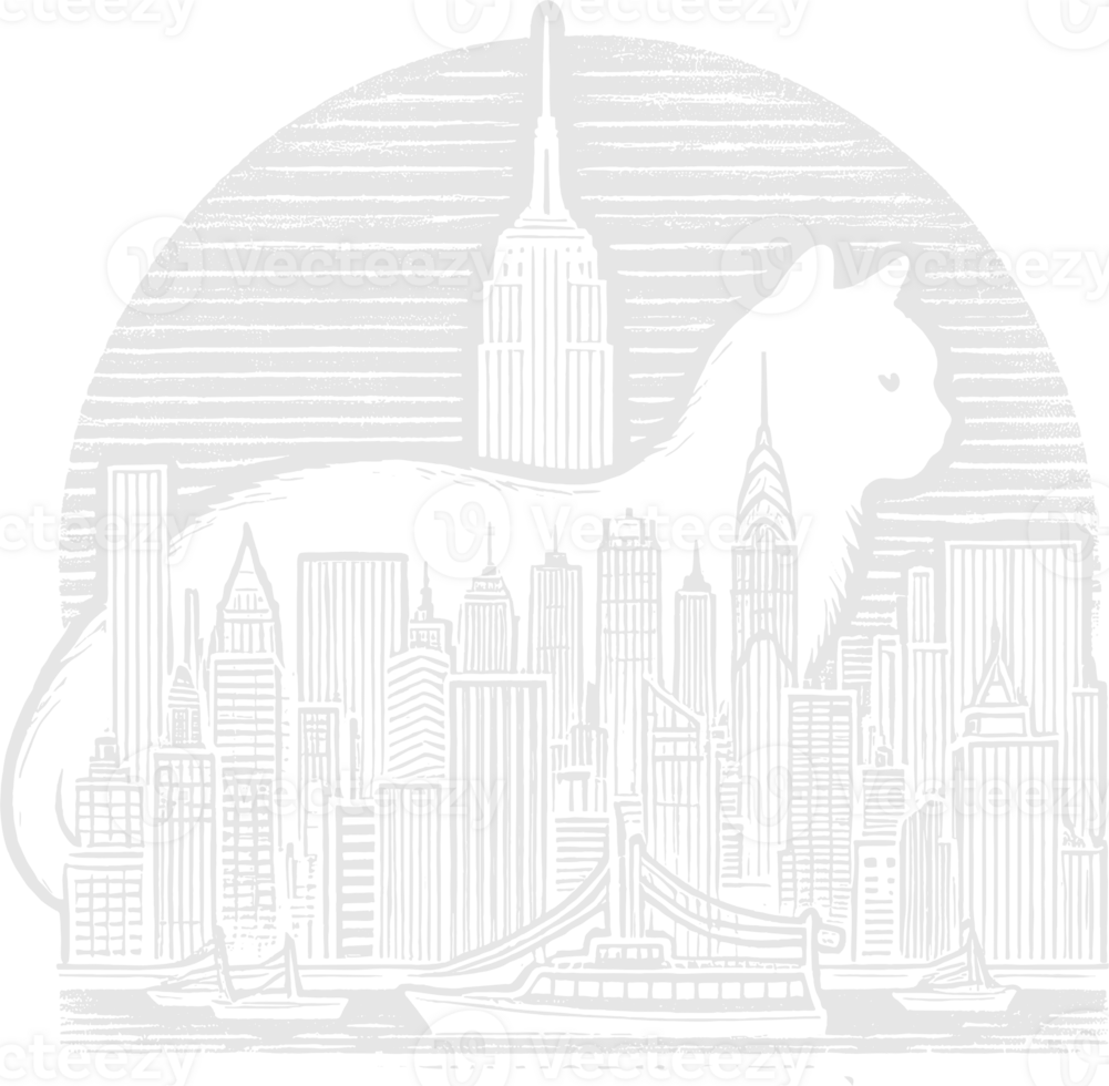 A black and white cat with the new york skyline in the background png