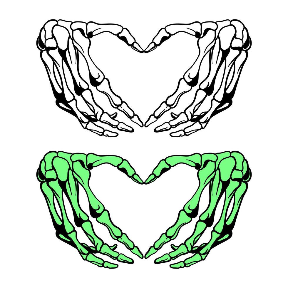 Skeleton hands howing heart shape. T-shirt print for or Halloween. Hand drawing illustration isolated on white background. vector
