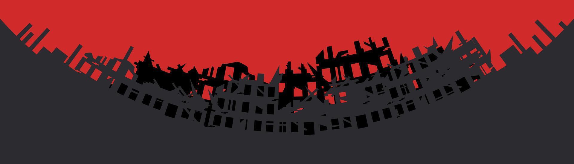 Panorama of a destroyed building with red sky. War destroyed the buildings of the city. Ruins illustration background. vector