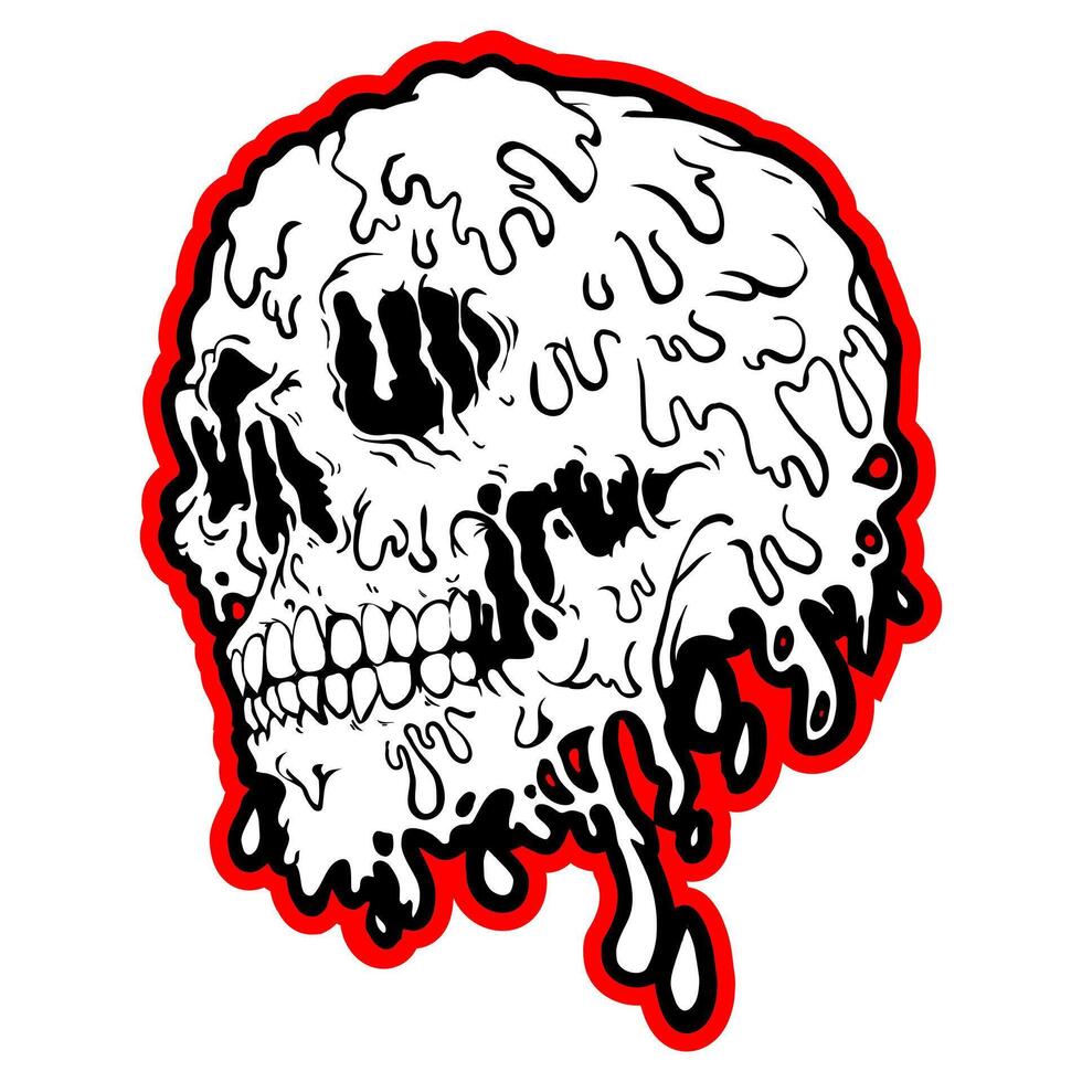 Creepy slime skull illustration. Dripping Skull in gothic design. T-shirt print for Horror or Halloween. Hand drawing illustration isolated on white background. vector