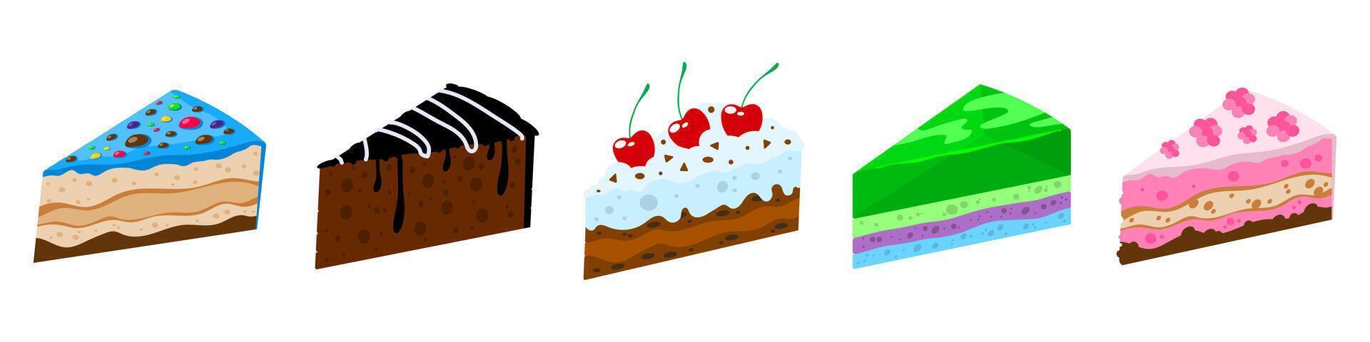 Cartoon slice of cake set. Various sweet cake pieces illustration. Piece of cake in flat style. Cake for design, food apps and websites. vector