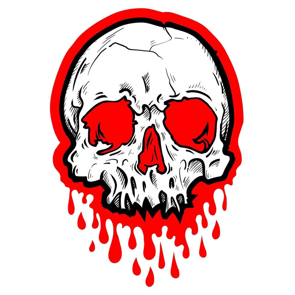 Skull with splash of blood. Bloody skull illustration. Goth style. T-shirt print for Horror or Halloween. Hand drawing illustration vector