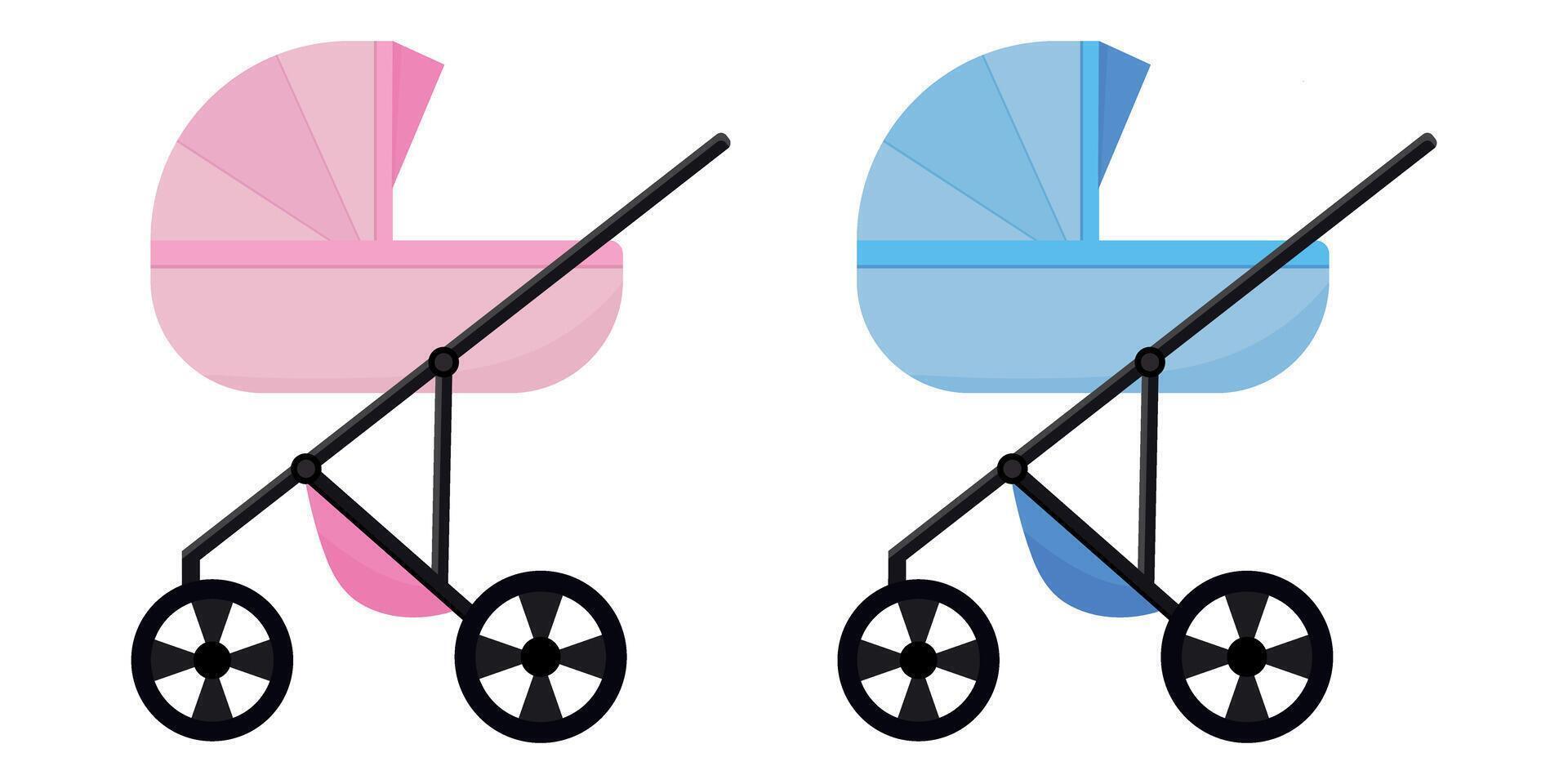 Baby stroller, pram, carriage in blue and pink colors. vector