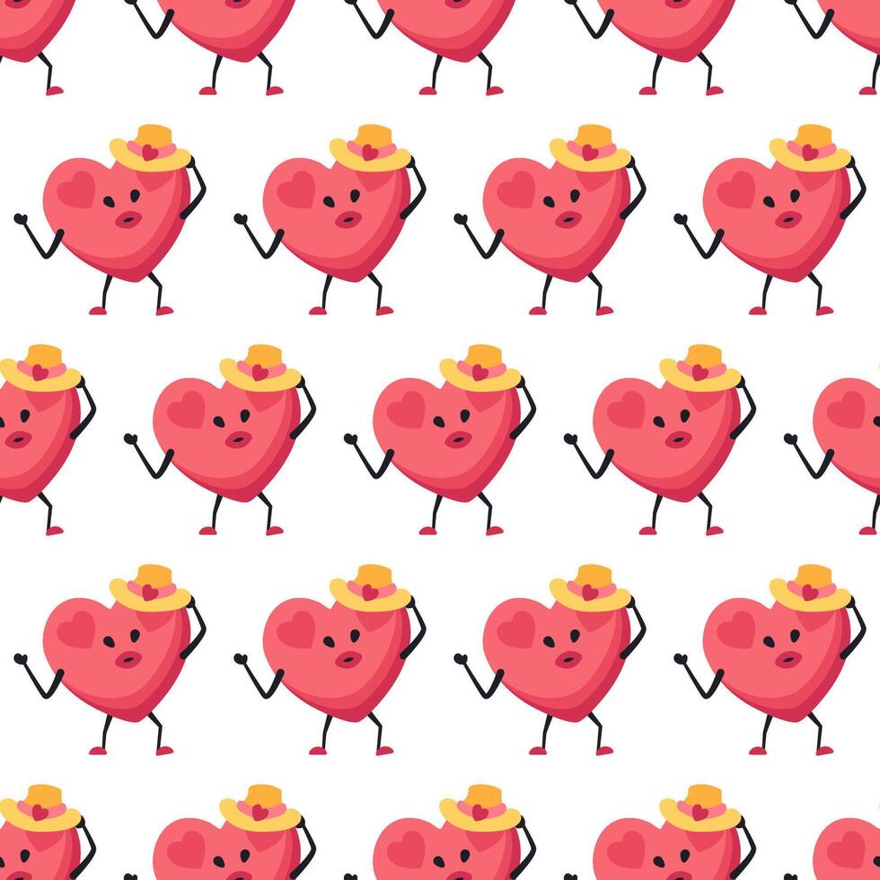 Romantic Heart Pattern with Emotional Mascots Seamless vector