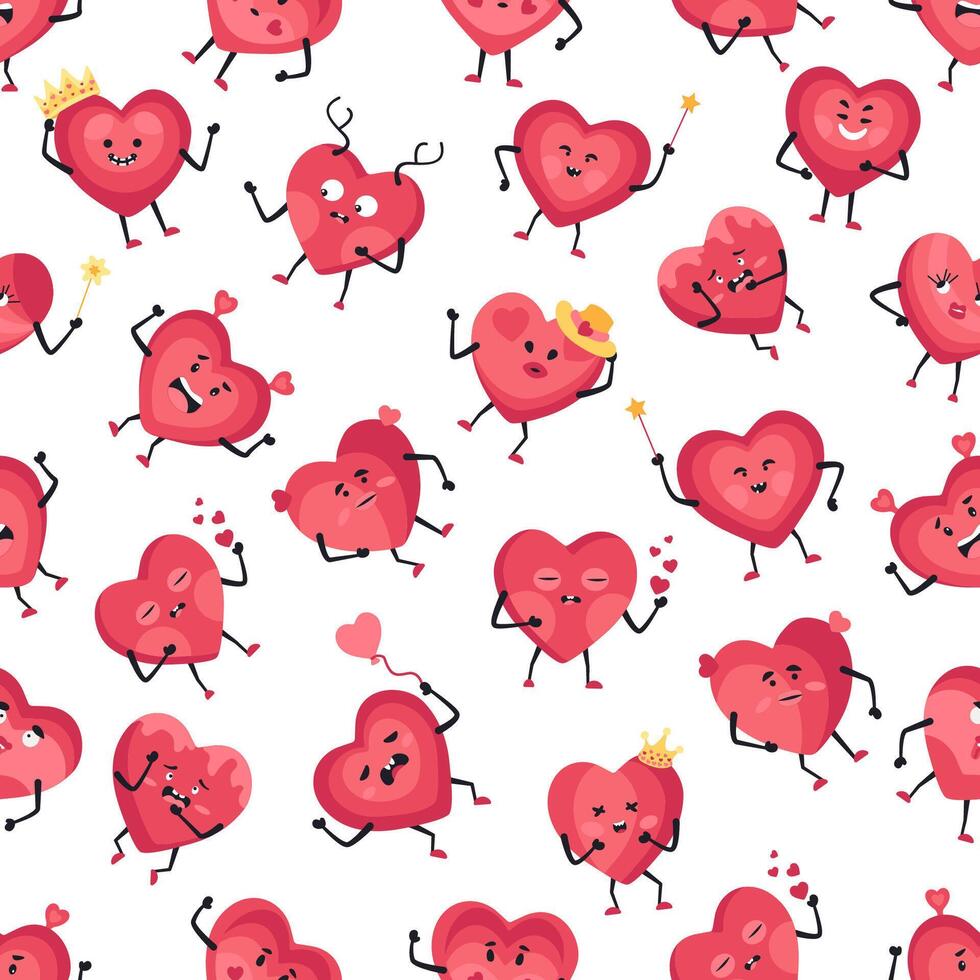 Adorable Heart Seamless Pattern with Cartoon Emotions Design vector