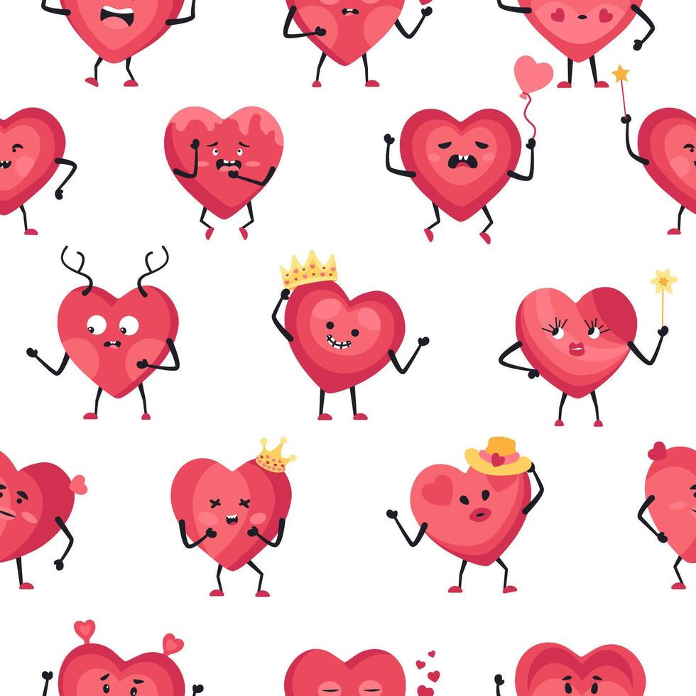 Expressive Heart Mascots in a Fun Seamless Pattern Cartoon Art vector