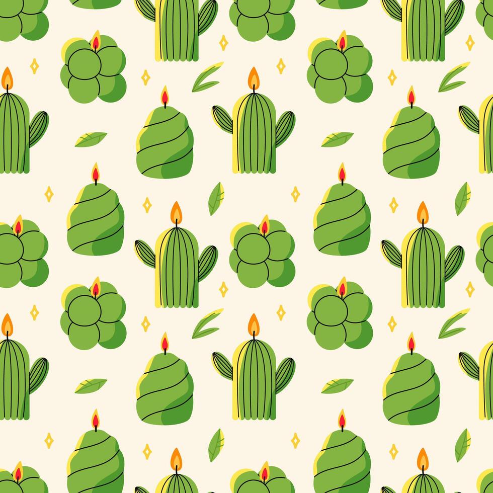 Various Candles seamless pattern. Decorative wax candles for relax and spa. Hand drawn square seamless Pattern. vector