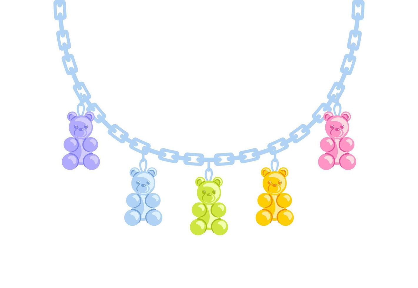 necklace featuring a durable chain adorned with vibrant plastic charms shaped like colorful gummy bears, showcasing a fun, whimsical design perfect for adding a touch of sweetness to any outfit. vector