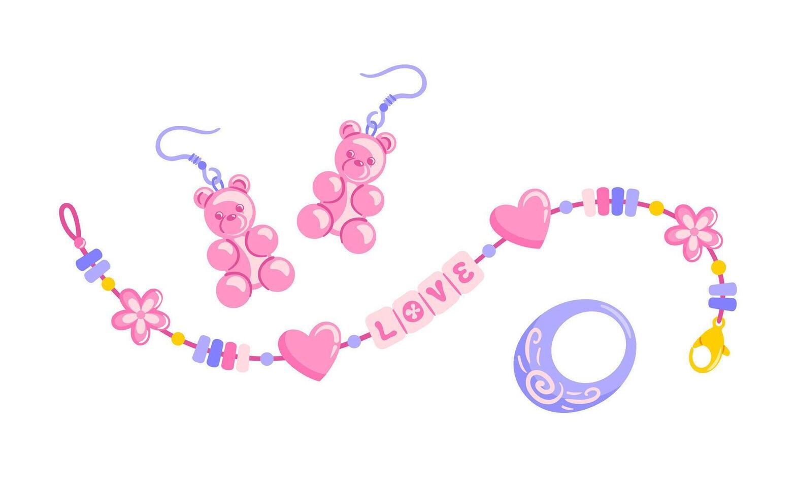 Create a charming DIY bracelet with letter beads spelling love and heart designs, complemented by gummy bear earrings. vibrant plastic ring, beads reflect Y2K and hippie styles for accessories vector