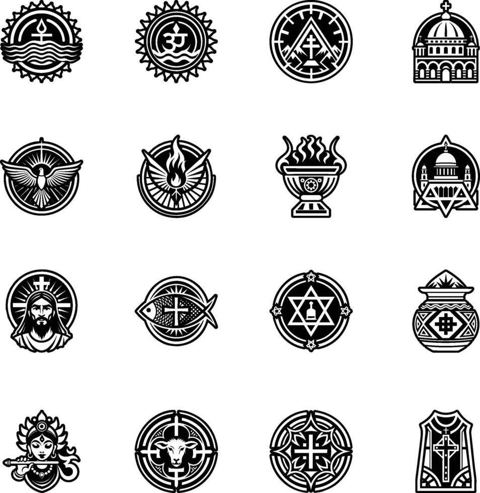 Set of Glyph Style Hindu and Christian Religious Symbol Icons vector
