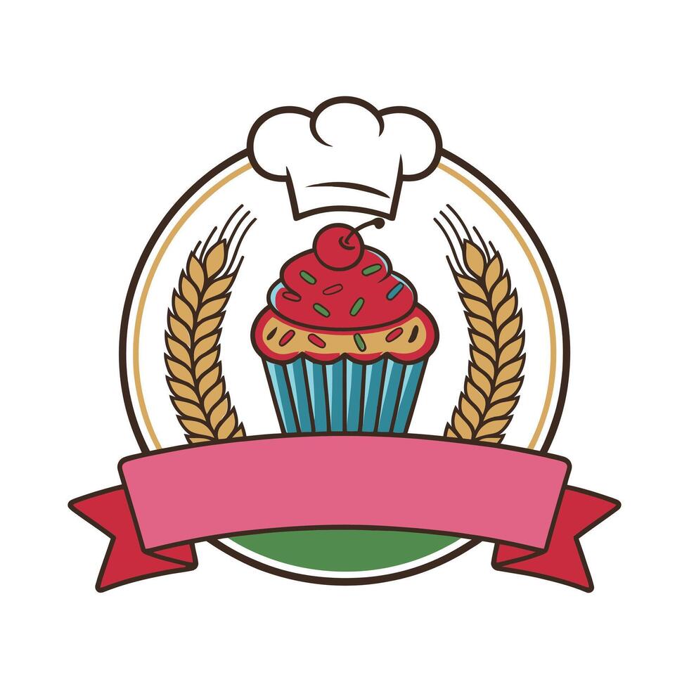 Bakery Logo Design with Cupcake, Chef Hat, Wheat, and Ribbon Banner - Colorful Vintage Style vector