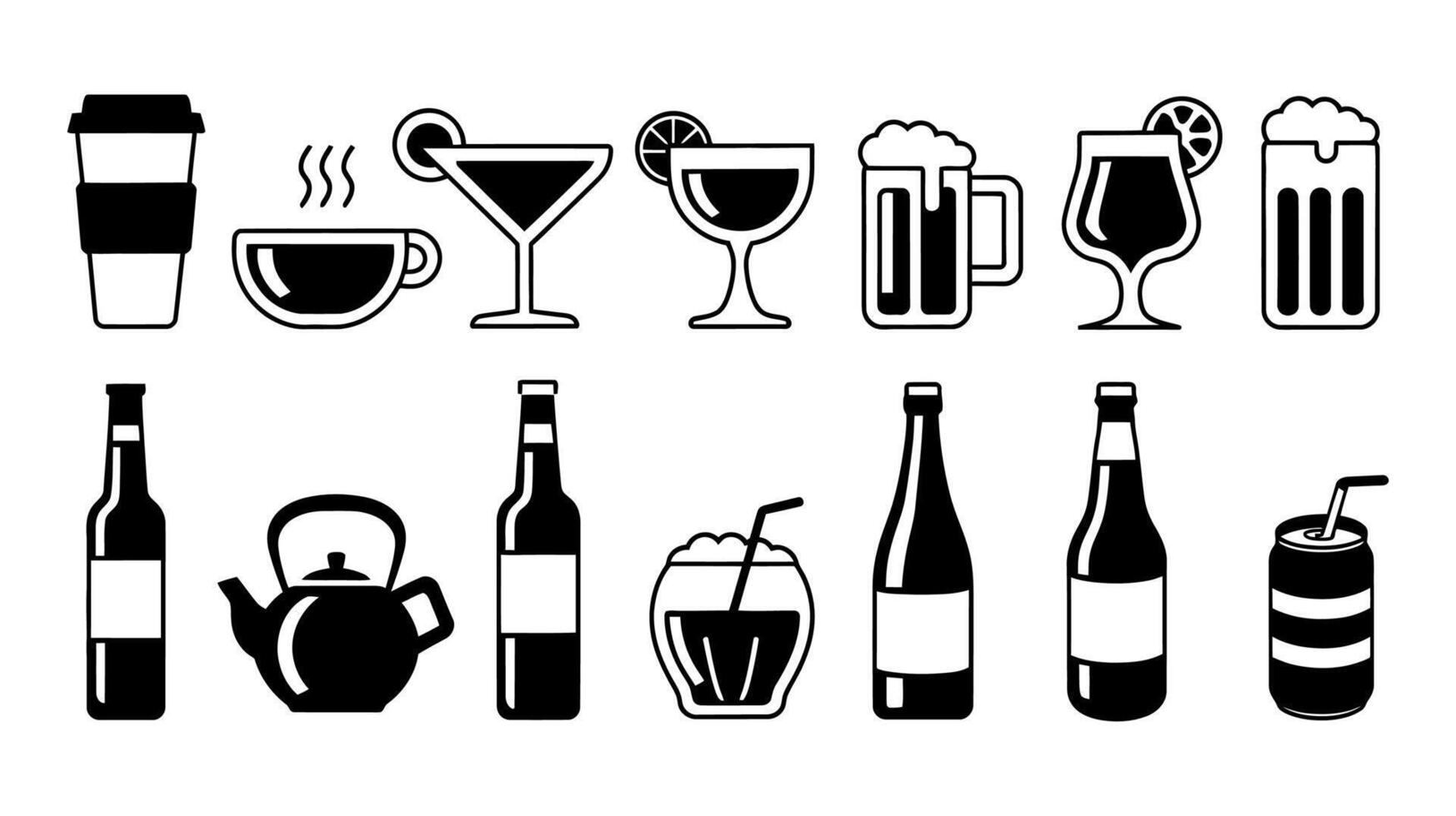 Drink Silhouette Collection - Coffee, Tea, Wine, Beer, Soda, and Cocktail Icons in Black and White vector