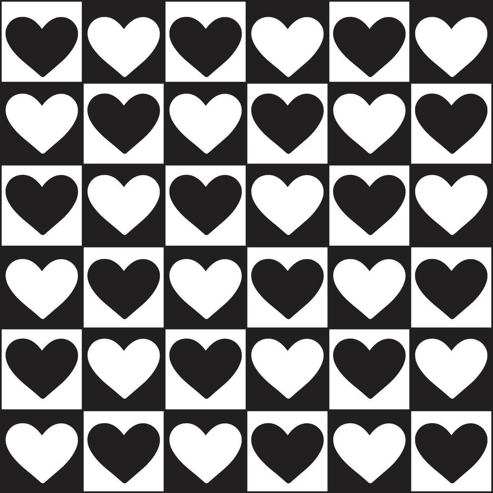Black and White Checkered Pattern with Minimalist Hearts vector