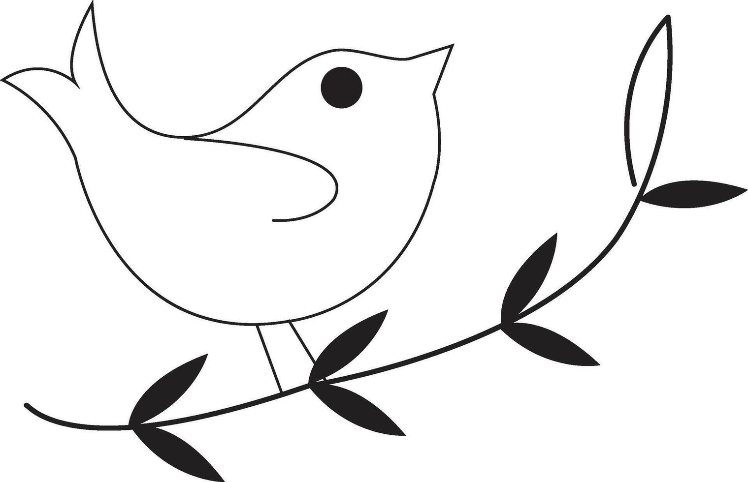 Black and White Line Drawing of a Bird on a Branch with Leaves vector