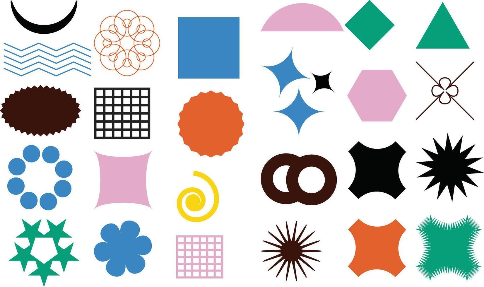 Collection of Geometric Shapes and Symbols in a Grid Design with Vibrant Colors vector