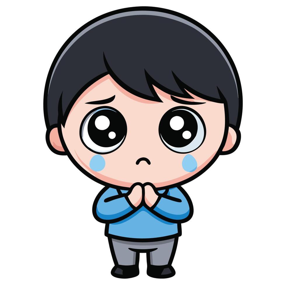 a cartoon boy crying with his hands vector
