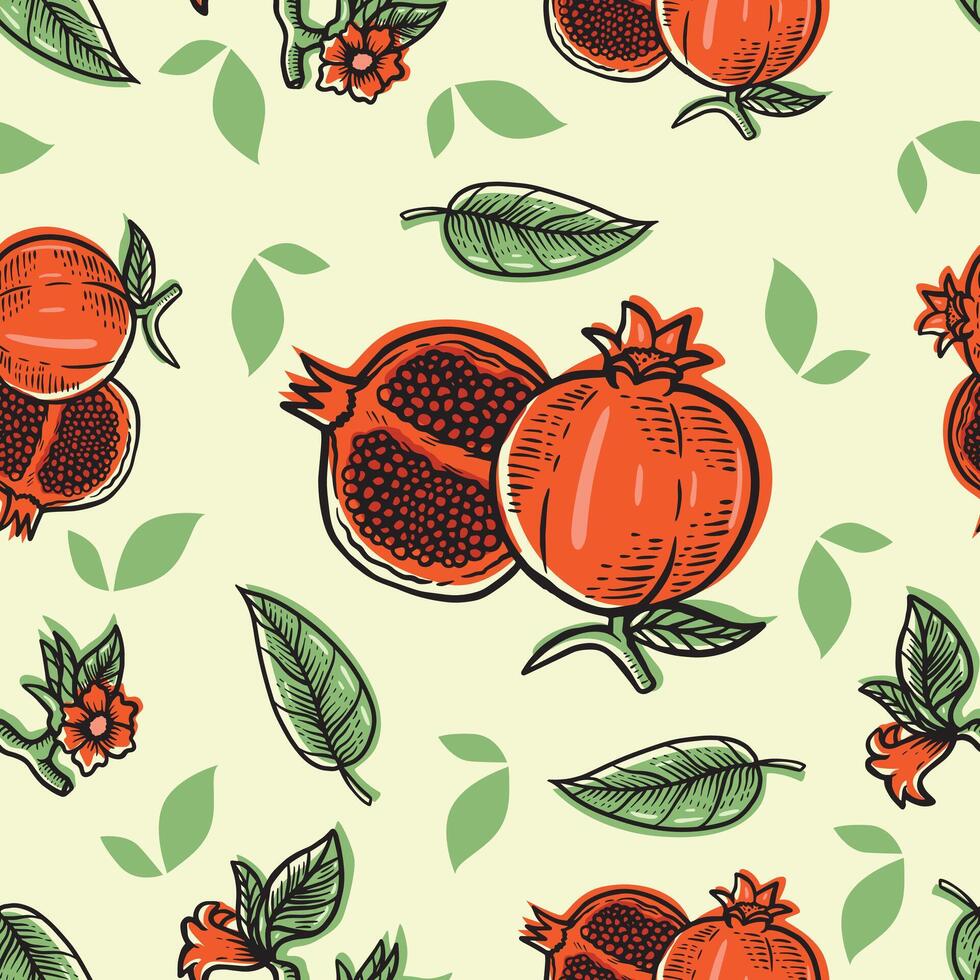 Pomegranate fruit seamless pattern hand drawn illustration vector