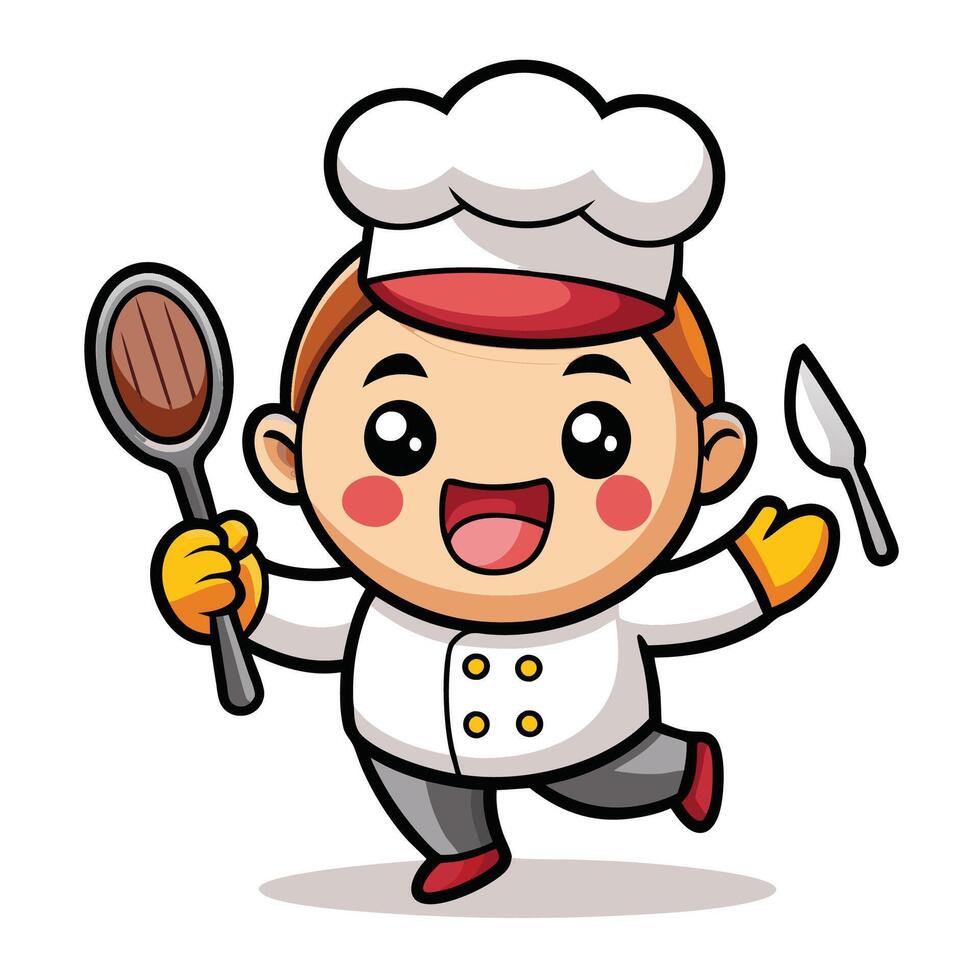 cartoon chef holding a spatula and fork vector