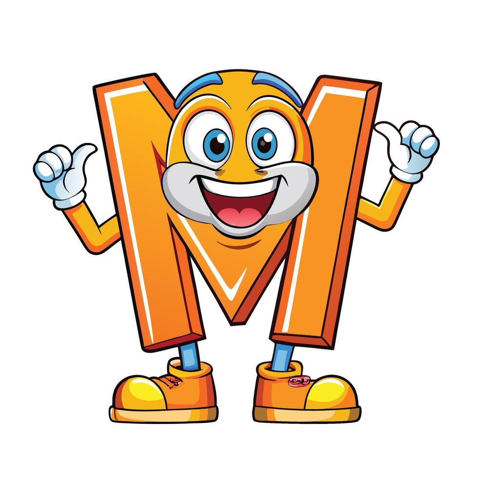 a cartoon orange letter m character holding up two fingers vector