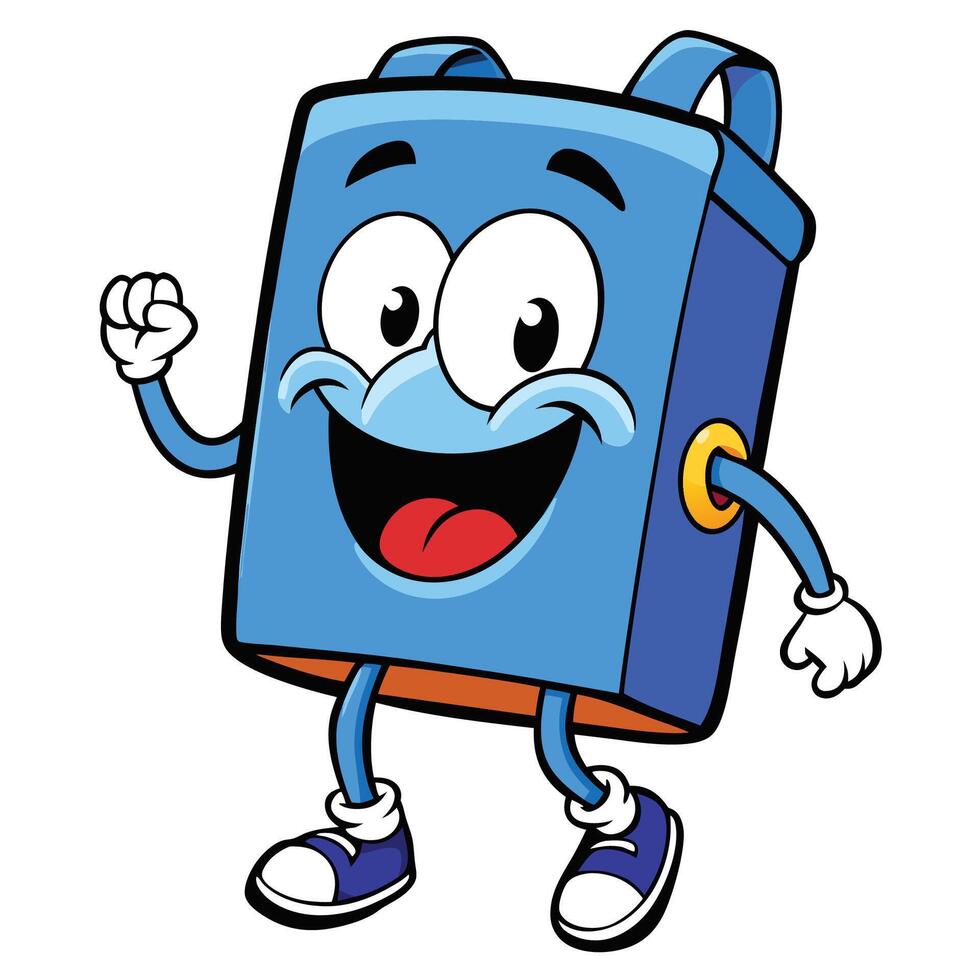 a cartoon blue suitcase character with a smile on its face vector