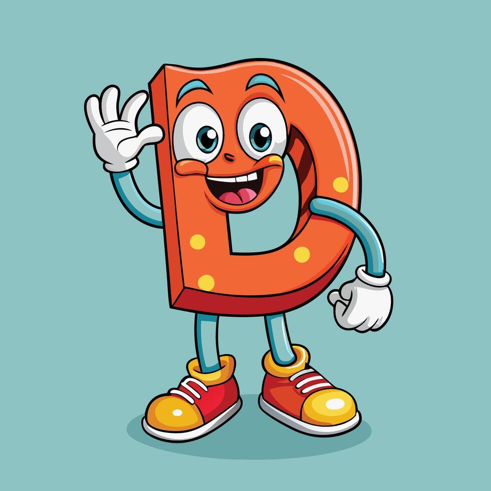 cartoon letter d character waving and vector