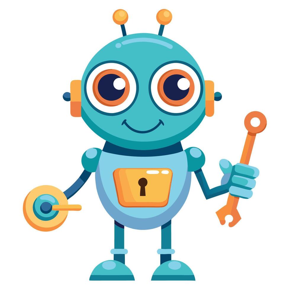 cartoon robot holding wrench and wrench vector