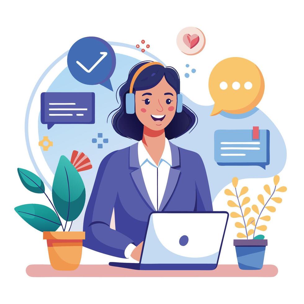 call center customer service agent working on laptop with chat bubbles and speech bubbles vector