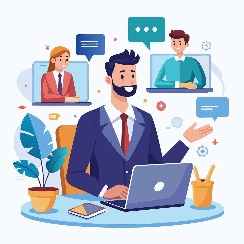 businessman working on laptop with chat bubbles around him vector