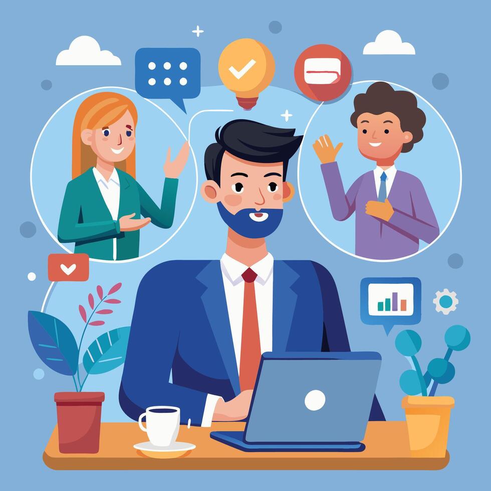 businessman with beard and laptop working on his computer vector