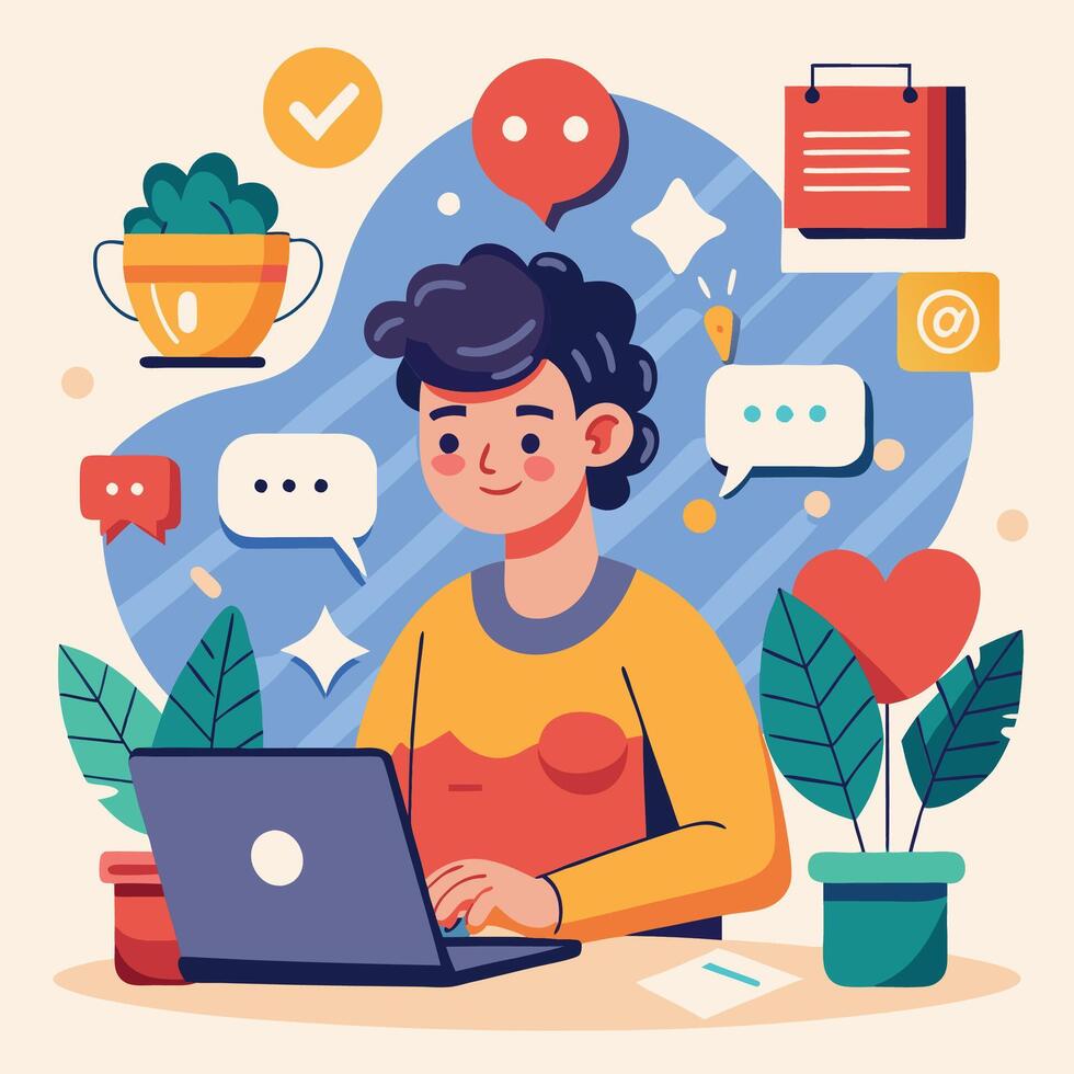 a woman is working on her laptop with chat bubbles vector