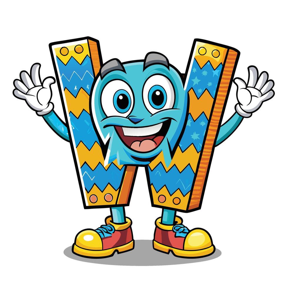 a cartoon letter w character with arms up and a smile vector