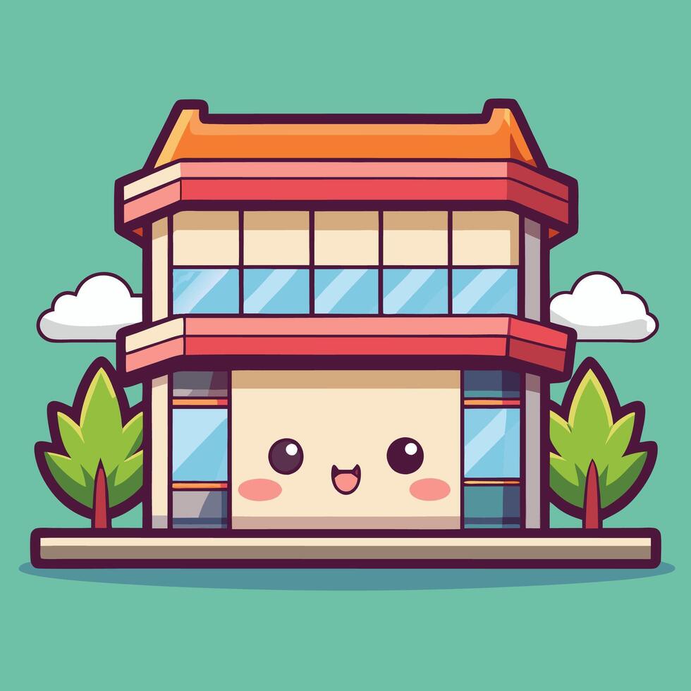 a cartoon building with a face and a tree vector