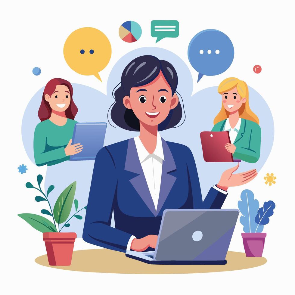 businesswoman working on laptop with speech bubbles around her vector