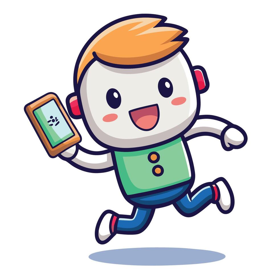 dibujos animados personaje corriendo con un tableta computadora vector