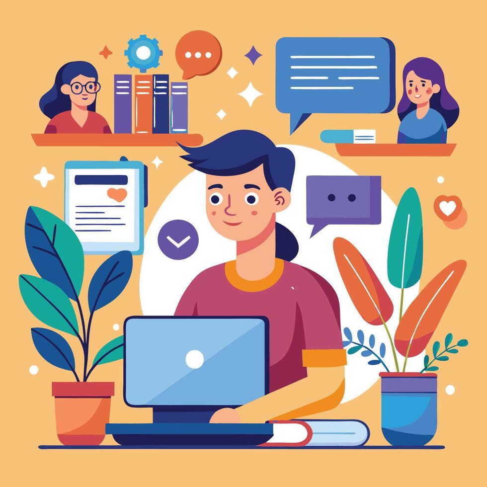 a man is working on his laptop and surrounded by other people vector